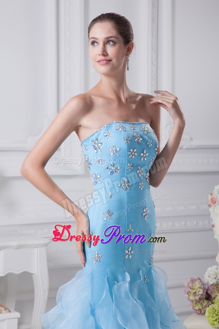 Aqua Blue Mermaid Strapless Ruffles Organza Prom Gown