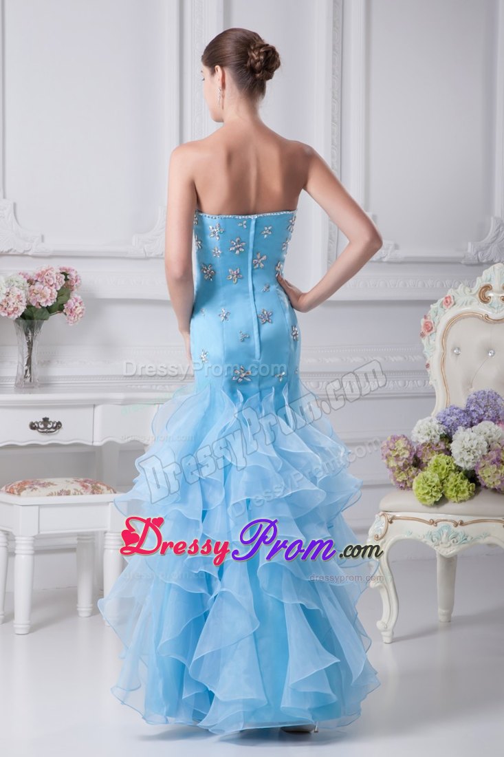 Aqua Blue Mermaid Strapless Ruffles Organza Prom Gown