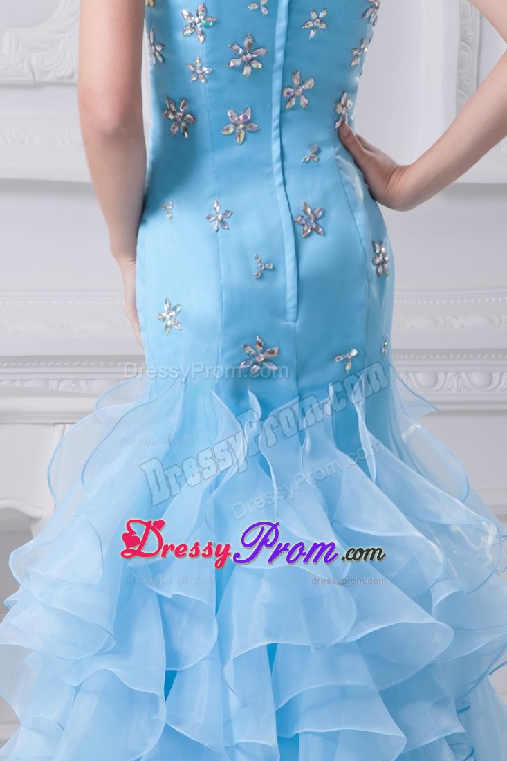 Aqua Blue Mermaid Strapless Ruffles Organza Prom Gown