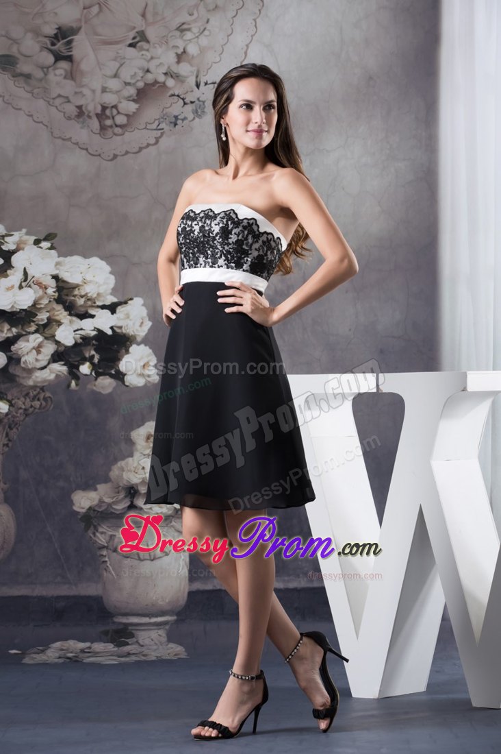 Black and White Prom Cocktail Dress with Lace Decoration to Floor