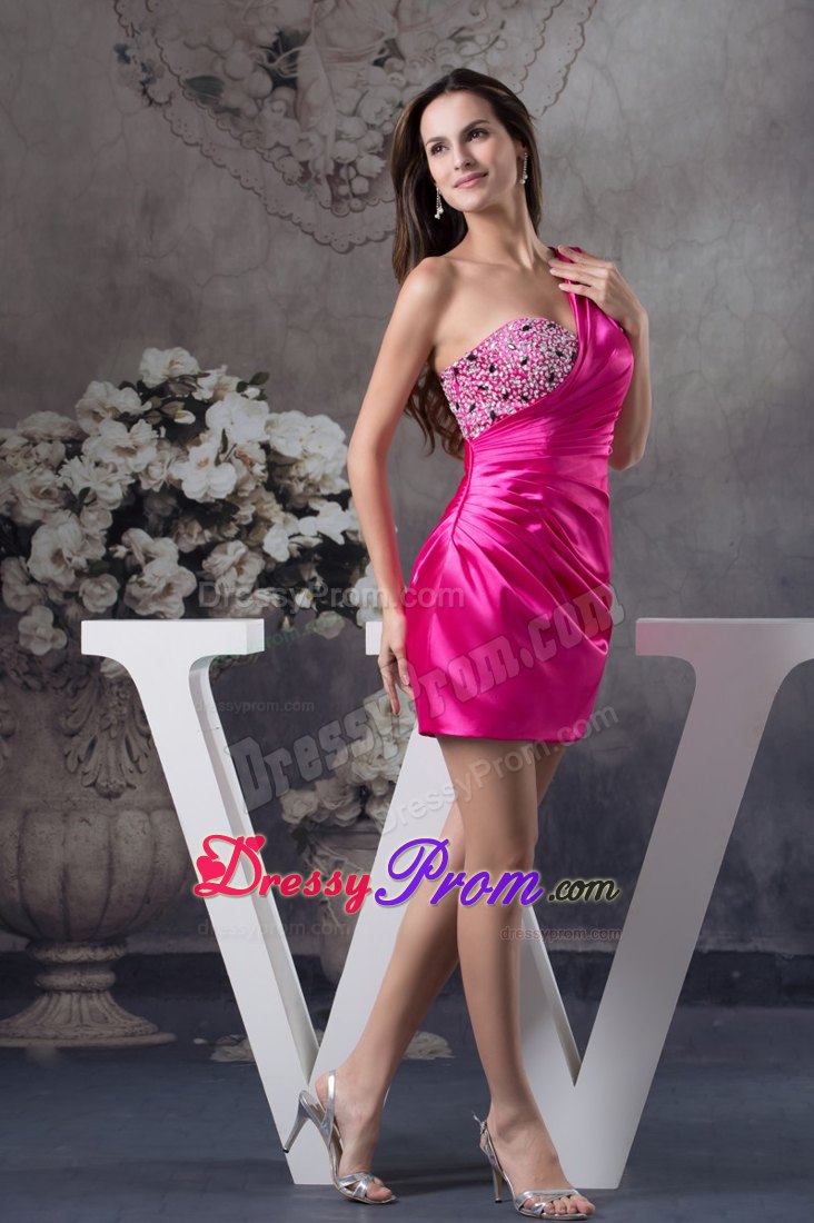 Fuchsia One Shoulder Short Prom Nightclub Dress with Rhinestone