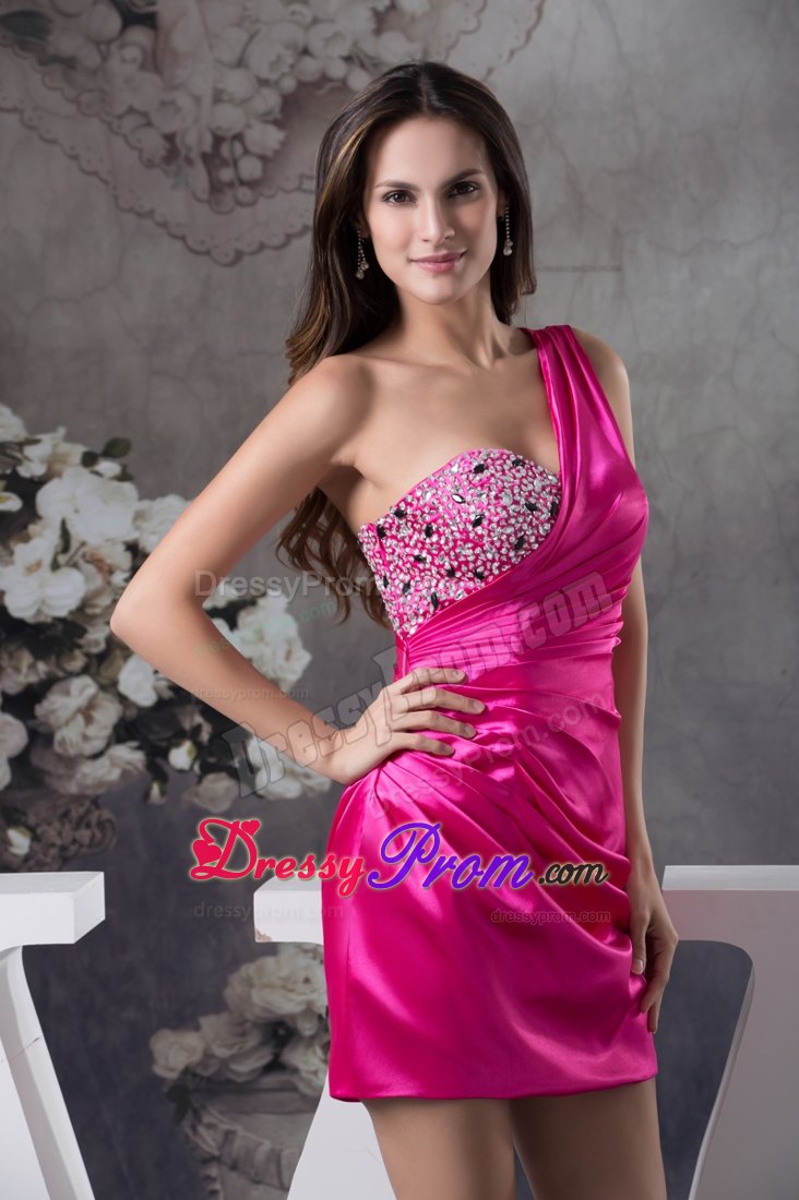 Fuchsia One Shoulder Short Prom Nightclub Dress with Rhinestone