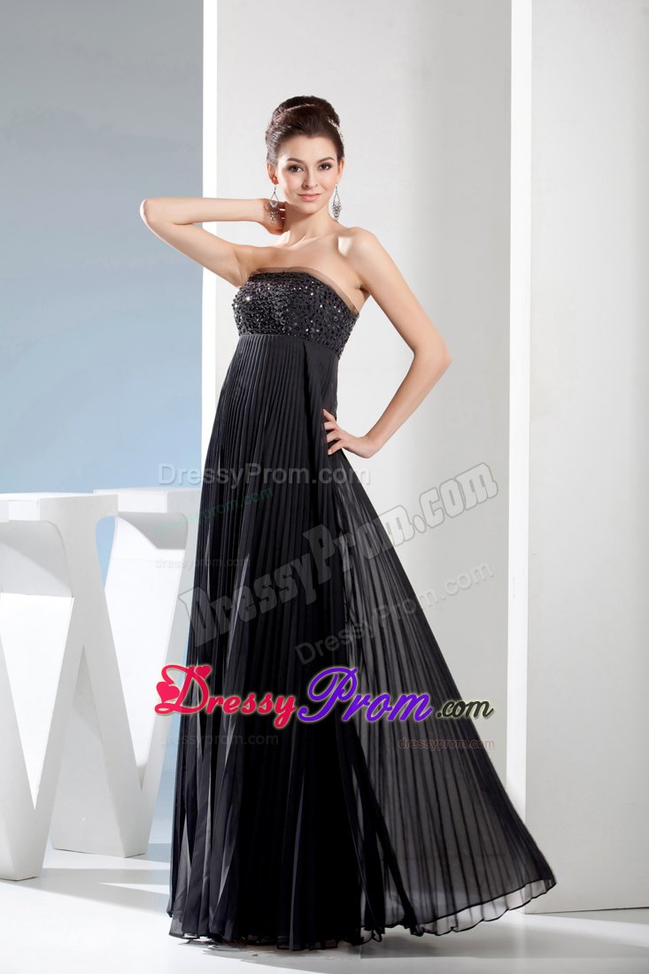 Beading Long Black Strapless Prom Dress with Empire and Pleating