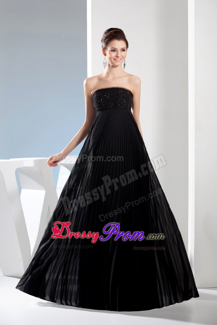 Beading Long Black Strapless Prom Dress with Empire and Pleating