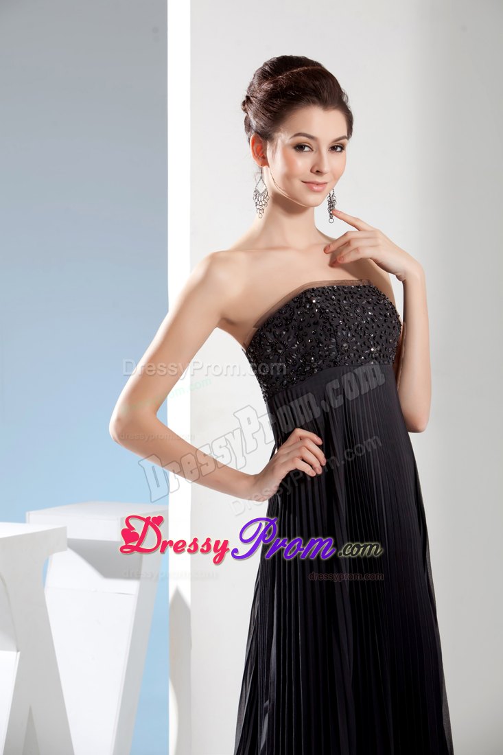Beading Long Black Strapless Prom Dress with Empire and Pleating