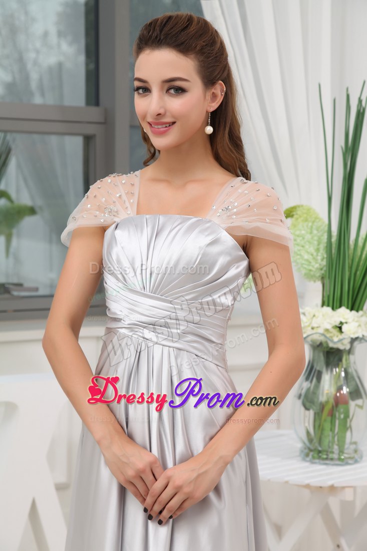 Ruching Long Prom Dress in Grey with Beading Wrap Made in Taffeta
