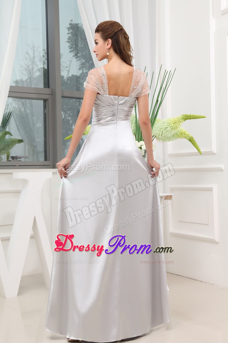 Ruching Long Prom Dress in Grey with Beading Wrap Made in Taffeta