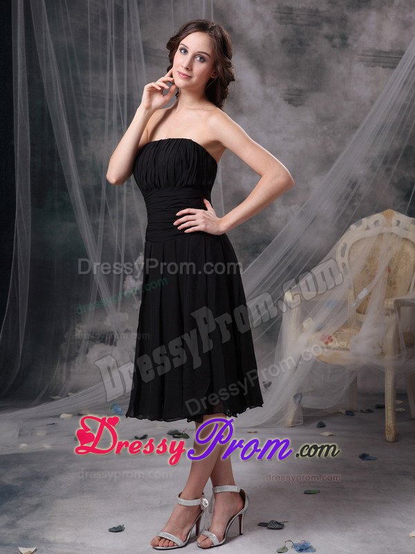 Column Ruching Prom Little Black Dress to Tea-length with Wide Sash