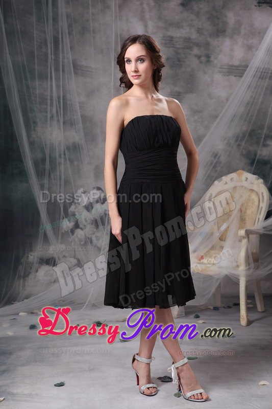 Column Ruching Prom Little Black Dress to Tea-length with Wide Sash