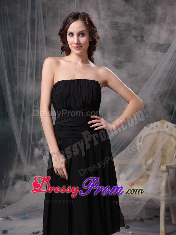 Column Ruching Prom Little Black Dress to Tea-length with Wide Sash