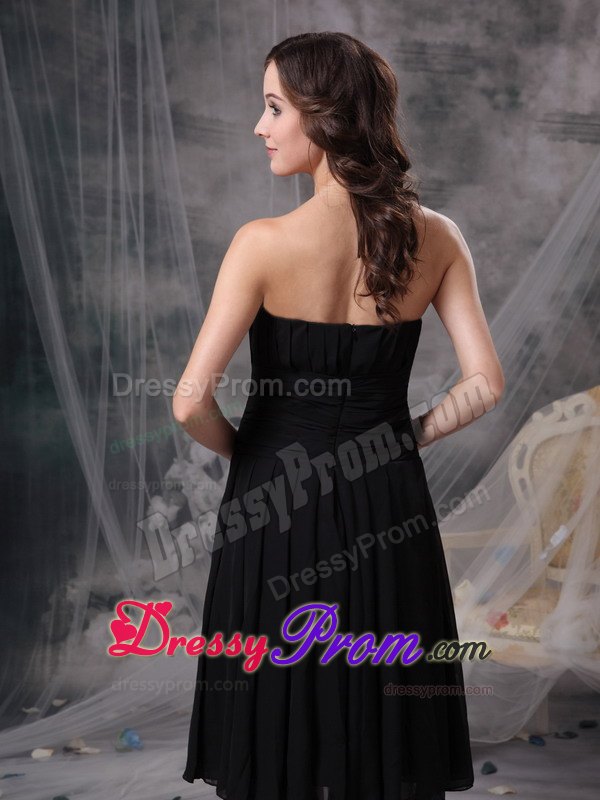 Column Ruching Prom Little Black Dress to Tea-length with Wide Sash