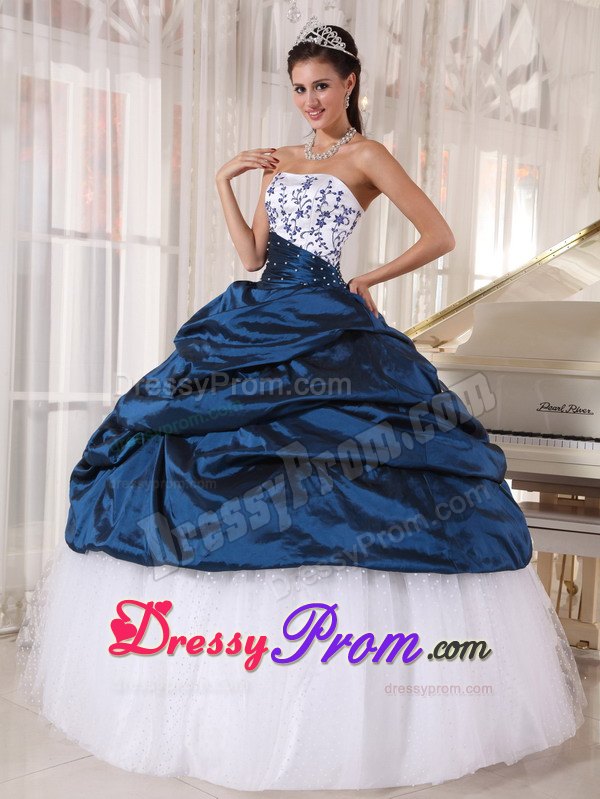 Navy Strapless Embroidery Pick-ups Quinceanera Dress