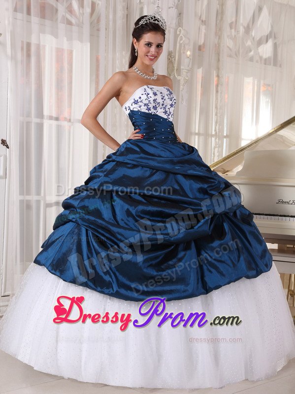 Navy Strapless Embroidery Pick-ups Quinceanera Dress