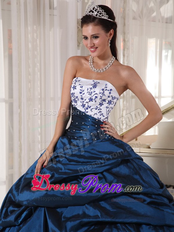 Navy Strapless Embroidery Pick-ups Quinceanera Dress