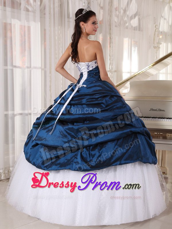 Navy Strapless Embroidery Pick-ups Quinceanera Dress