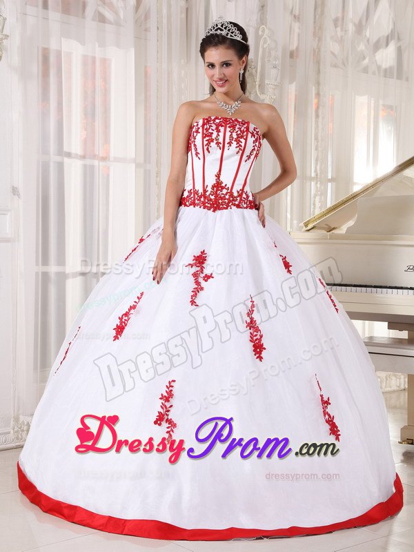 White Ball Gown Strapless Appliques Quinceanera Gowns