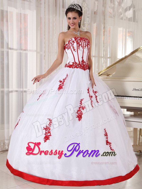 White Ball Gown Strapless Appliques Quinceanera Gowns