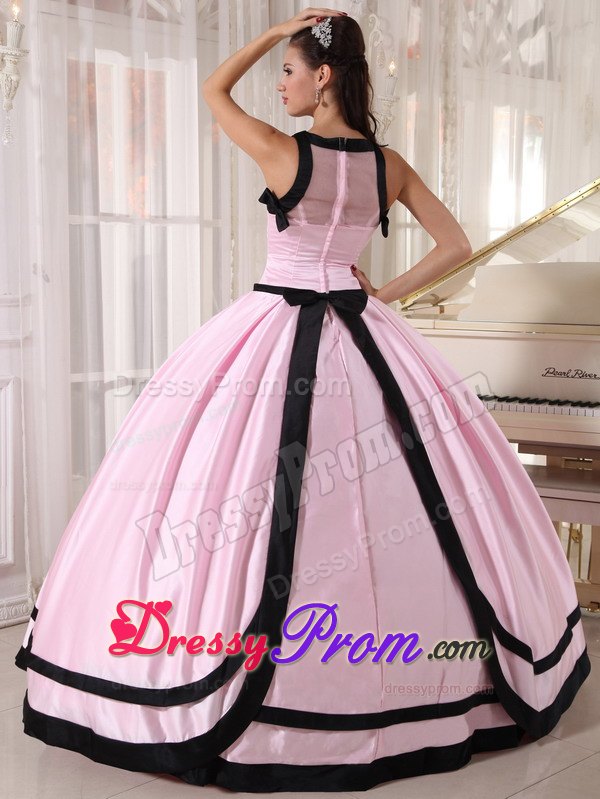 Baby Pink and Black Ball Gown Bateau Sweet 16 Dresses