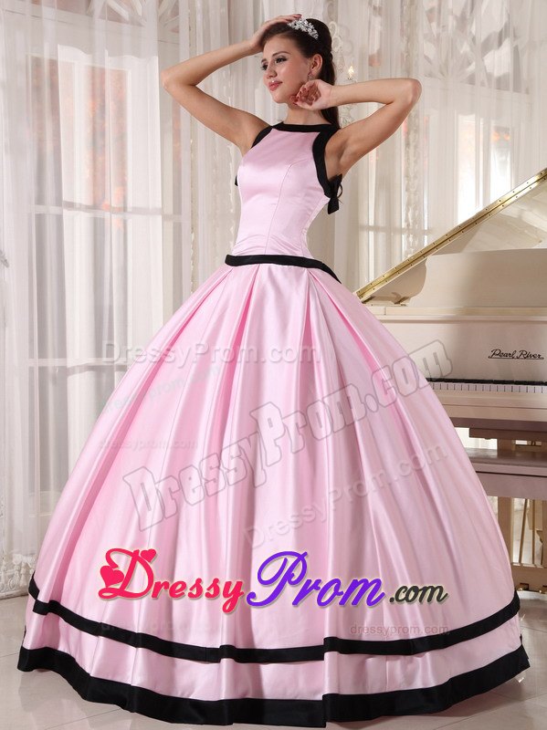 Baby Pink and Black Ball Gown Bateau Sweet 16 Dresses