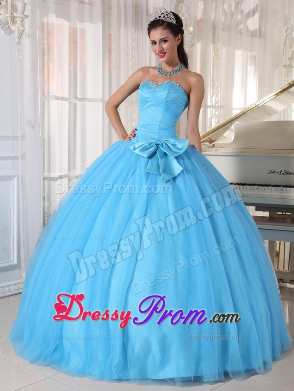 Aqua Blue Beaded Sweetheart Side Bowknot Quinceanera Dress