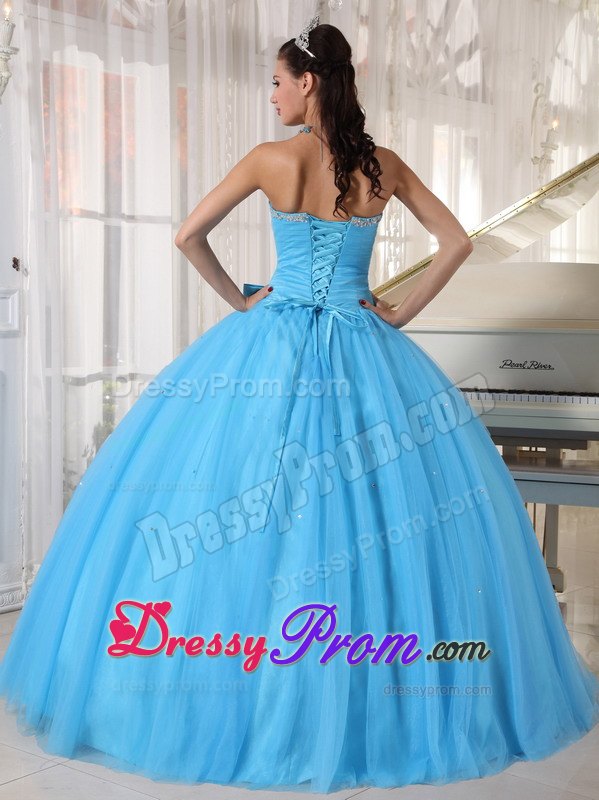 Aqua Blue Beaded Sweetheart Side Bowknot Quinceanera Dress
