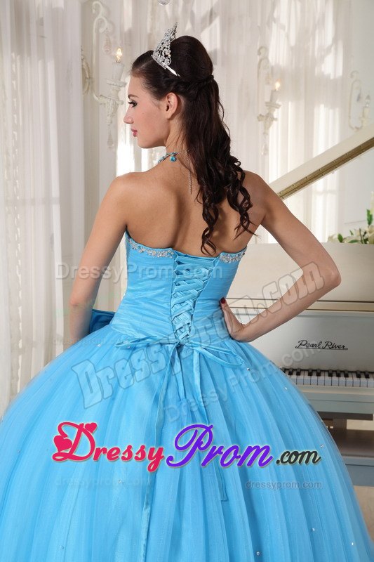 Aqua Blue Beaded Sweetheart Side Bowknot Quinceanera Dress