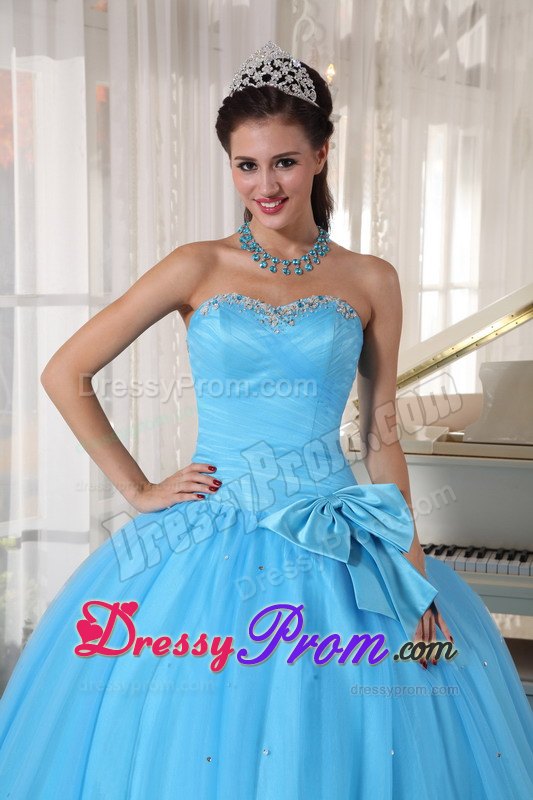 Aqua Blue Beaded Sweetheart Side Bowknot Quinceanera Dress