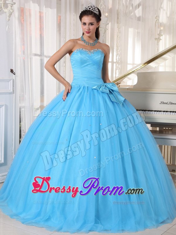 Aqua Blue Beaded Sweetheart Side Bowknot Quinceanera Dress