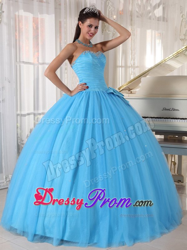 Aqua Blue Beaded Sweetheart Side Bowknot Quinceanera Dress