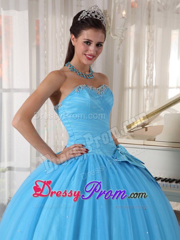 Aqua Blue Beaded Sweetheart Side Bowknot Quinceanera Dress
