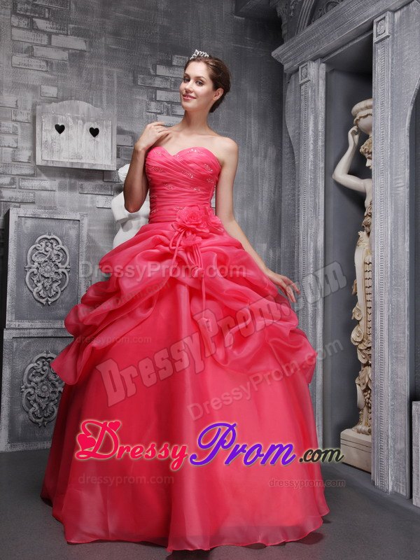 Coral Red Sweetheart Beading and Ruched Dresses For 15