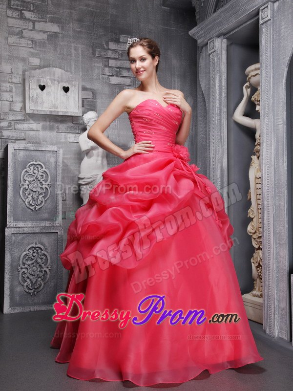 Coral Red Sweetheart Beading and Ruched Dresses For 15
