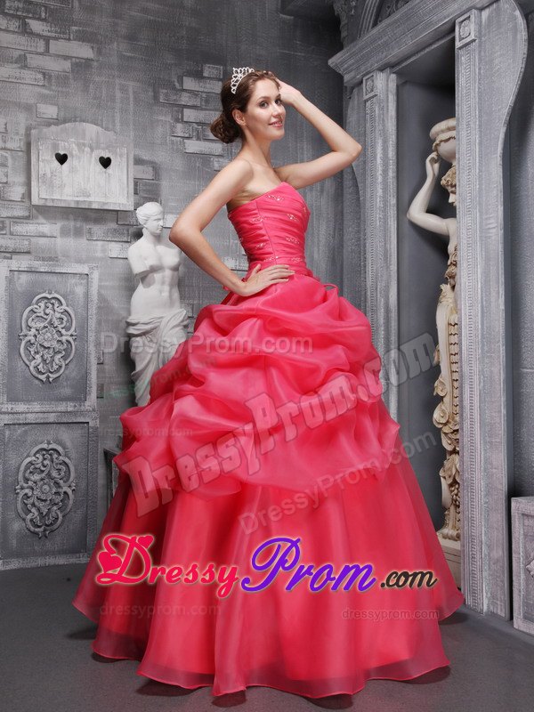 Coral Red Sweetheart Beading and Ruched Dresses For 15