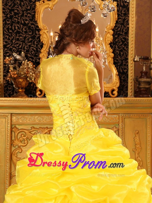 Appliques Strapless Ruffled Yellow Pick-ups Quinceanera Dress