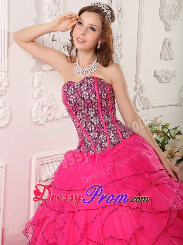Sweetheart Sequins Hot Pink Ruffled Dresses For a Quince