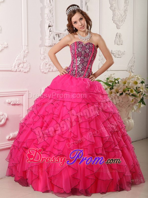 Sweetheart Sequins Hot Pink Ruffled Dresses For a Quince