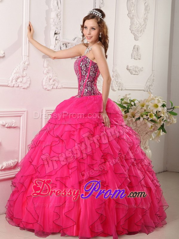Sweetheart Sequins Hot Pink Ruffled Dresses For a Quince