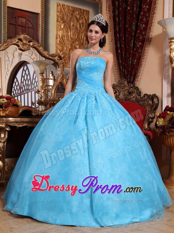 Aqua Blue Ball Gown Strapless Appliques Quinceanera Dress