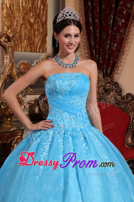 Aqua Blue Ball Gown Strapless Appliques Quinceanera Dress