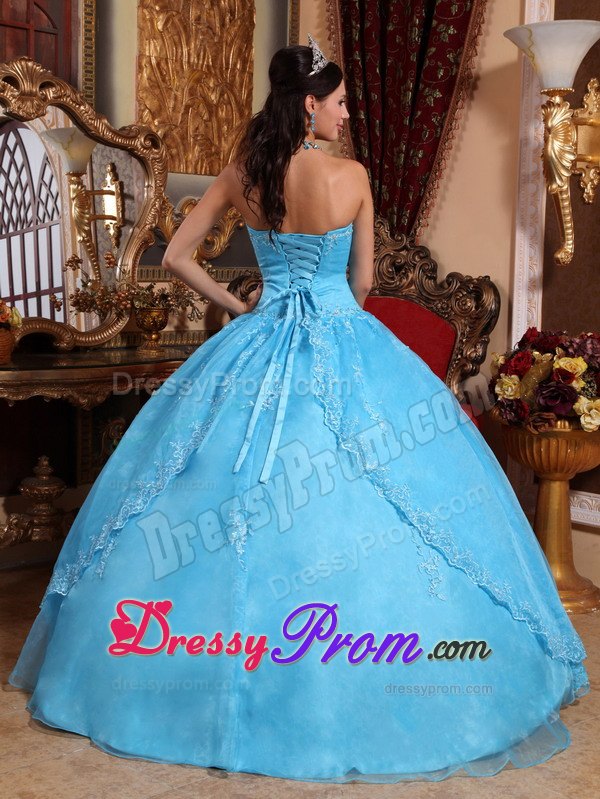 Aqua Blue Ball Gown Strapless Appliques Quinceanera Dress