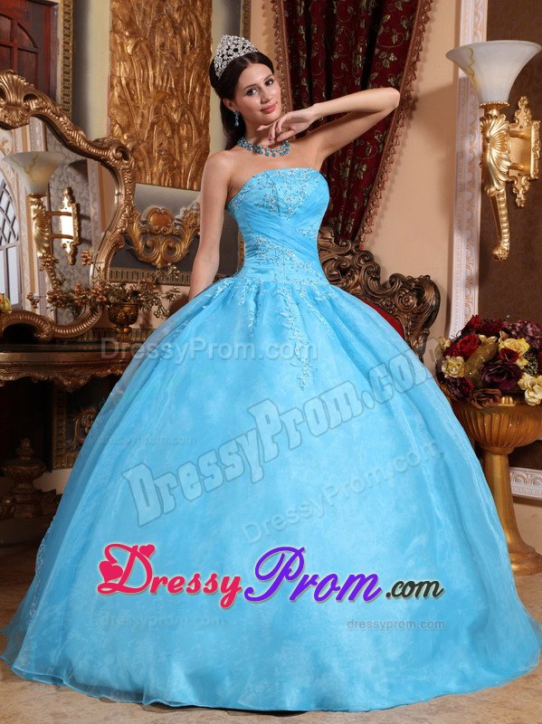 Aqua Blue Ball Gown Strapless Appliques Quinceanera Dress