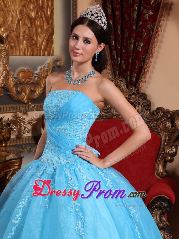 Aqua Blue Ball Gown Strapless Appliques Quinceanera Dress