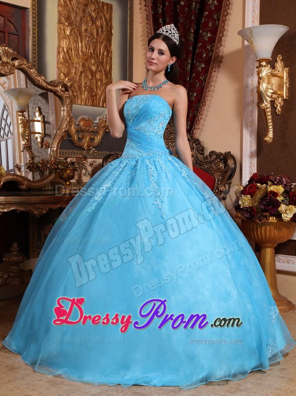 Aqua Blue Ball Gown Strapless Appliques Quinceanera Dress