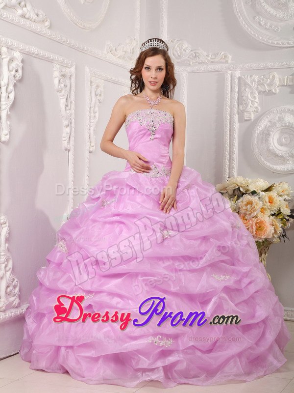 Lilac Strapless Appliques Sweet 16 Dresses with Pick-ups