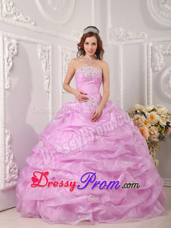 Lilac Strapless Appliques Sweet 16 Dresses with Pick-ups