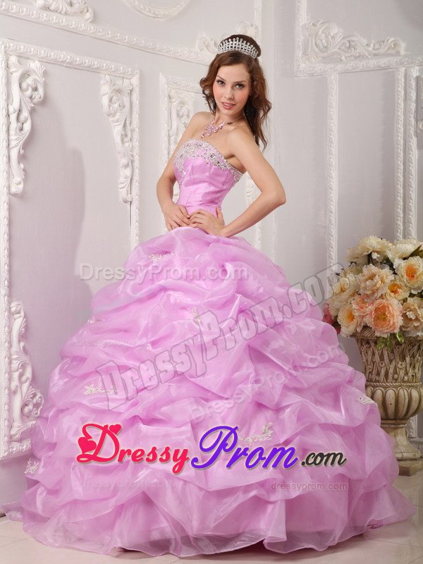 Lilac Strapless Appliques Sweet 16 Dresses with Pick-ups