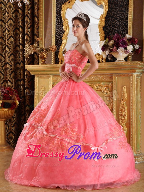 Strapless Appliques Watermelon Sweet Sixteen Quinceanera Dresses