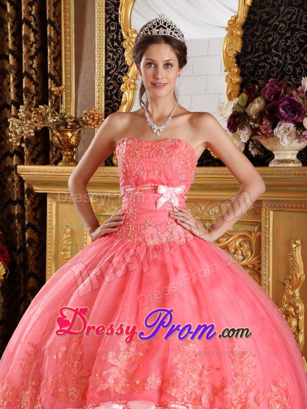 Strapless Appliques Watermelon Sweet Sixteen Quinceanera Dresses