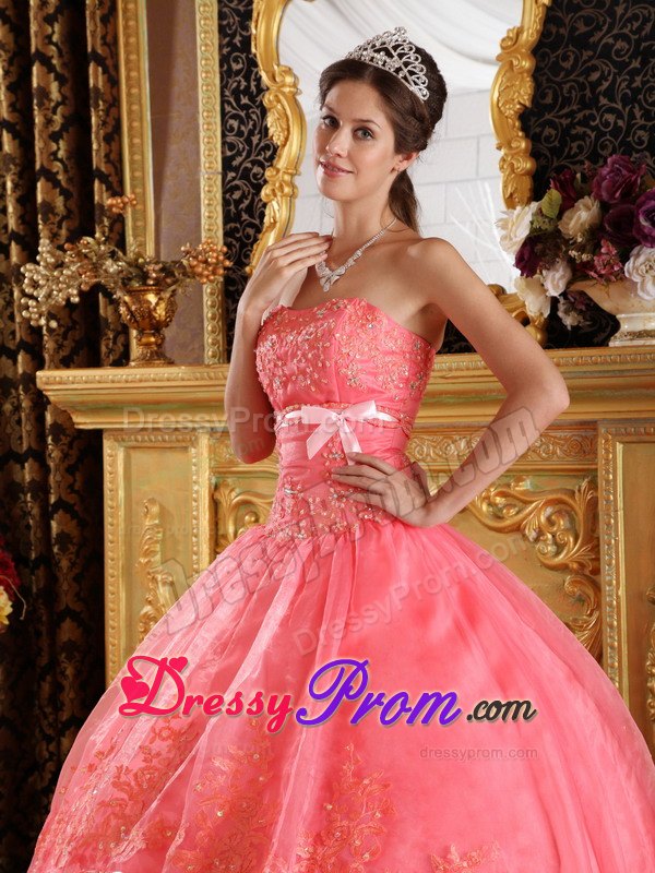 Strapless Appliques Watermelon Sweet Sixteen Quinceanera Dresses