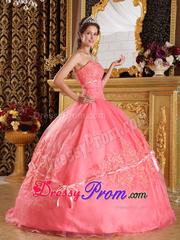 Strapless Appliques Watermelon Sweet Sixteen Quinceanera Dresses